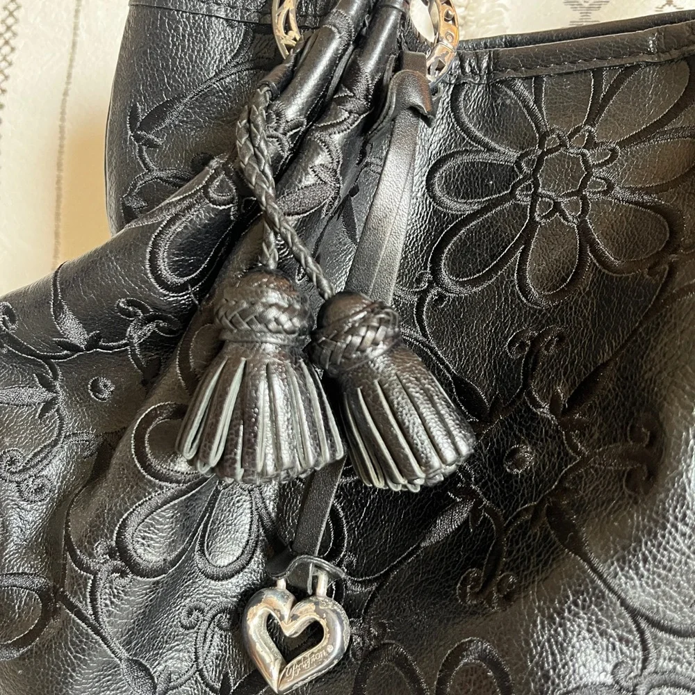 Brighton Black Embossed Floral Leather Shoulder Bag with Tassel - Picture 4 of 10
